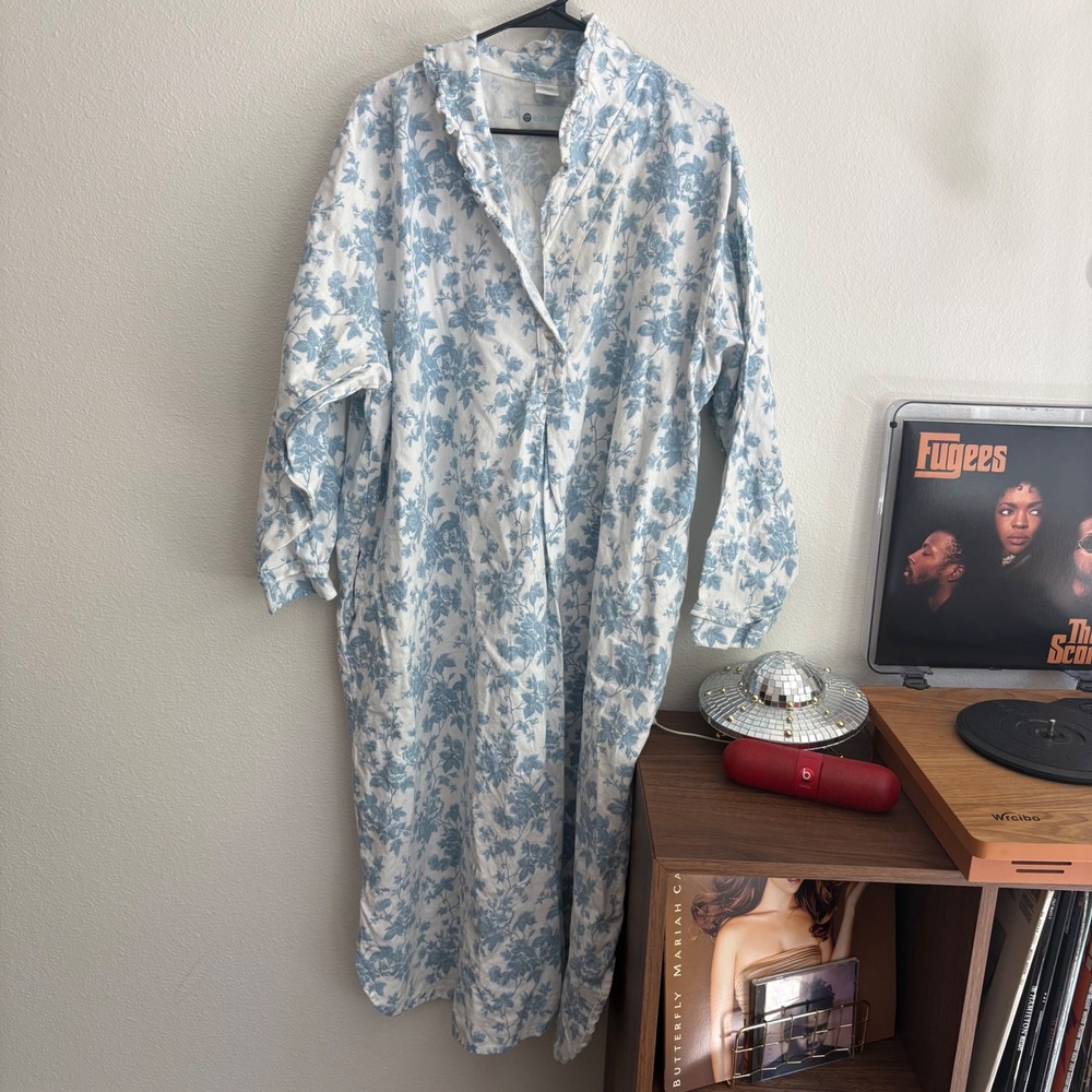 Ella Simone Blue Floral Cotton Flannel Nightgown Ruffle Collar 2XL Portugal